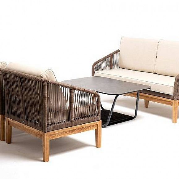 Диван Канны 4SIS 2-местный плетеный из роупа, основание дуб, роуп коричневый круглый, ткань бежевая 52 фото 1