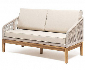 Диван Канны 4SIS 2-местный плетеный из роупа, основание дуб, роуп бежевый круглый, ткань бежевая 15052