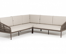 Канны диван модульный плетеный из роупа, каркас алюминий коричневый (RAL8016) муар, роуп коричневый круглый, ткань бежевая 15052