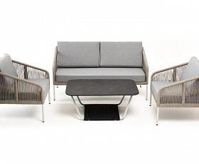 Лаунж-зона Канны 4-местная из роупа со столом Глория (серый гранит), каркас алюминиевый светло-серый, роуп серый меланж