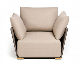 Форли кресло плетеное из роупа, каркас алюминий светло-серый (RAL7035) муар, роуп серо-коричневый 23мм, ткань Mossle бежевая