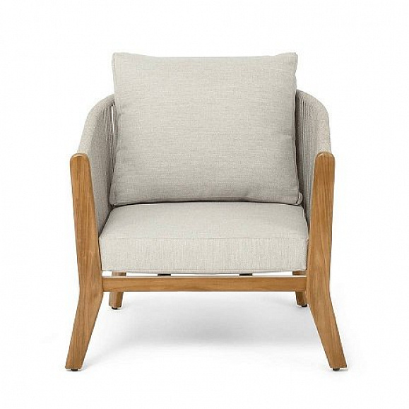 Кресло Сидней 4SIS плетеное из роупа, основание тик, каркас алюминий бежевый, роуп бежевый, ткань бежевая фото 2