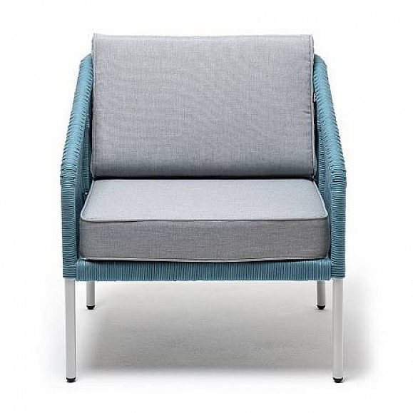 Кресло Канны 4SIS плетеное из роупа, каркас алюминий светло-серый (RAL7035) муар, роуп бирюзовый круглый, ткань светло-серая фото 2