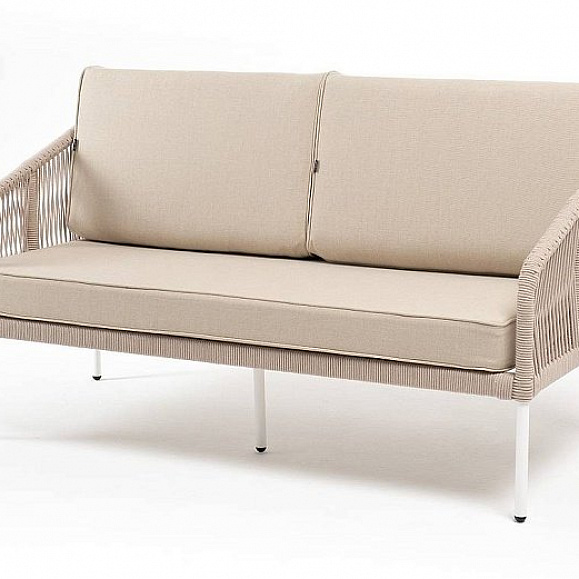 Диван Канны 4SIS 2-местный плетеный из роупа, каркас алюминий белый муар, роуп бежевый круглый, ткань бежевая 52 фото 1