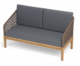 Канны диван 2-местный плетеный из роупа, основание дуб, роуп коричневый круглый, ткань темно-серая 027 NEW