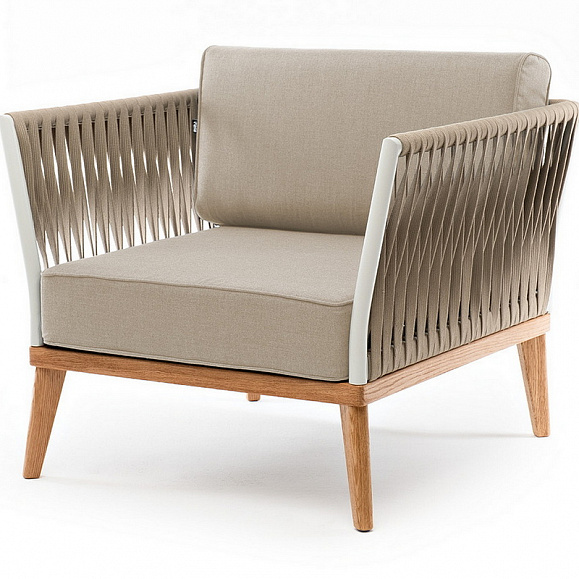 Касабланка кресло плетеное из роупа, основание дуб, каркас алюминий светло-серый (RAL7035) муар, роуп серо-коричневый 23мм, ткань бежевая 15052 фото 1