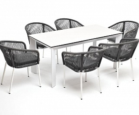 Обеденная группа Венето 4SIS на 6 персон со стульями "Марсель", каркас белый, роуп серый