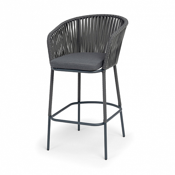 Бордо стул барный плетеный из роупа, каркас из стали темно-серый (RAL7024) муар, роуп серый 15мм, ткань темно-серая 027 NEW фото 1