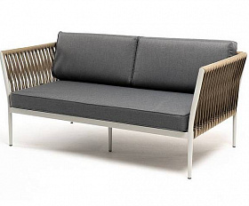 Диван Касабланка 4SIS 2-местный плетеный из роупа, каркас алюминий светло-серый (RAL7035) муар, роуп серо-коричневый 23мм, ткань серая 17