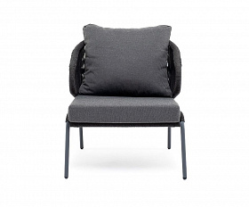 Кресло плетеное Милан 4SIS из роупа, каркас алюминий темно-серый (RAL7024), роуп темно-серый круглый, ткань темно-серая 019