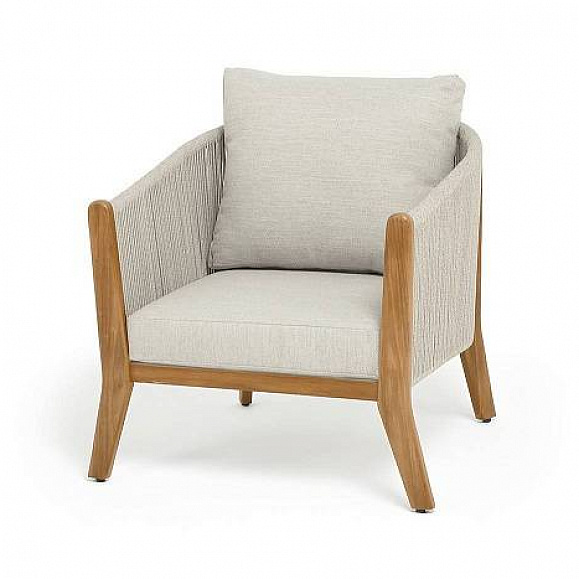 Кресло Сидней 4SIS плетеное из роупа, основание тик, каркас алюминий бежевый, роуп бежевый, ткань бежевая фото 1