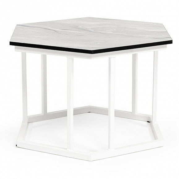 Женева интерьерный стол из HPL шестиугольный, D50, H35, цвет мрамор пепел, каркас из стали белый муар фото 1