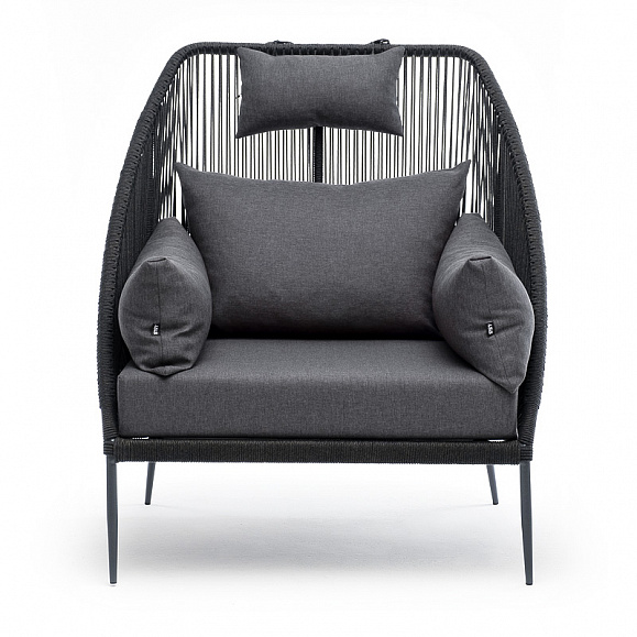 Мадрид кресло плетеное из роупа, каркас алюминий темно-серый (RAL7024) муар, роуп темно-серый круглый, ткань темно-серая 027 фото 2