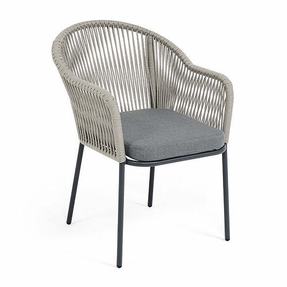 Лион стул плетеный из роупа, каркас из стали темно-серый (RAL7024) муар, роуп серый меланж круглый, ткань серая 017 фото 2