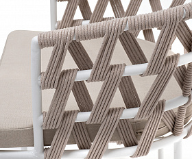 Диего стул плетеный из роупа, каркас из стали белый муар, роуп бежевый круглый, ткань бежевая 15052