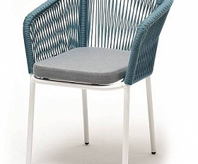 Стул Марсель 4SIS плетеный из роупа, каркас алюминий светло-серый (RAL7035) муар, роуп бирюзовый круглый, ткань светло-серая