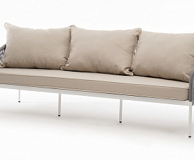 Канны диван 3-местный плетеный из роупа, каркас алюминий белый муар, роуп светло-серый круглый, ткань бежевая 15052