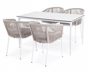 Обеденная группа Малага 4SIS на 4 персоны со стульями "Марсель", каркас белый, роуп бежевый