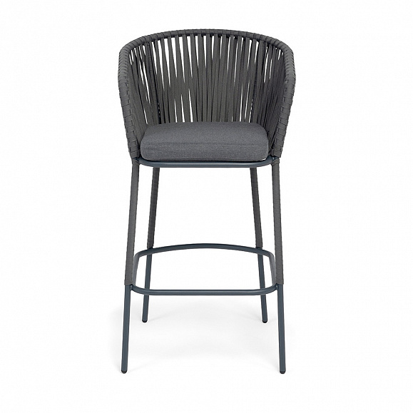 Бордо стул барный плетеный из роупа, каркас из стали темно-серый (RAL7024) муар, роуп серый 15мм, ткань темно-серая 027 NEW фото 3