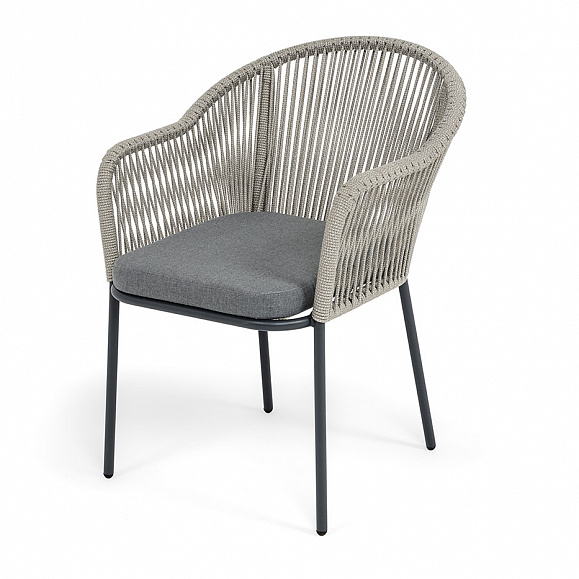 Лион стул плетеный из роупа, каркас из стали темно-серый (RAL7024) муар, роуп серый меланж круглый, ткань серая 017 фото 1