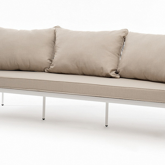 Канны диван 3-местный плетеный из роупа, каркас алюминий белый муар, роуп светло-серый круглый, ткань бежевая 15052 фото 1