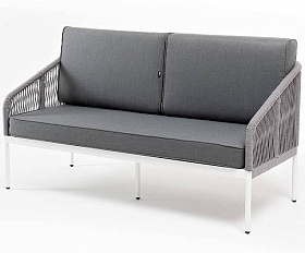 Диван Канны 4SIS 2-местный плетеный из роупа, каркас алюминий белый муар, роуп светло-серый круглый, ткань серая 17
