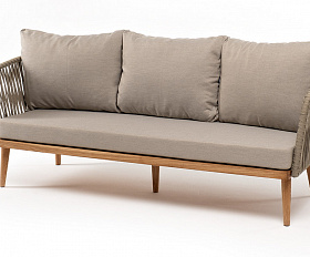 Мальорка диван 3-местный плетеный из роупа, основание дуб, роуп серо-коричневый 23мм, ткань бежевая 15052