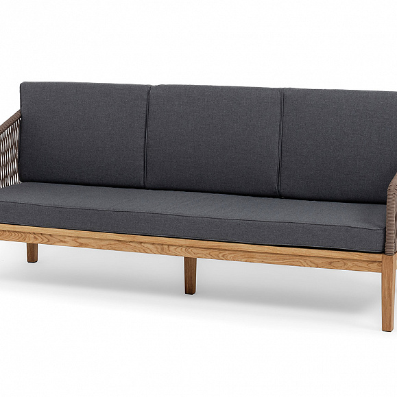 Канны диван 3-местный плетеный из роупа, основание дуб, роуп коричневый круглый, ткань темно-серая 027 фото 1