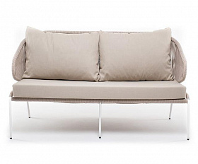 Диван двухместный Милан 4SIS из роупа (веревки), каркас алюминий белый, роуп бежевый круглый, ткань бежевая