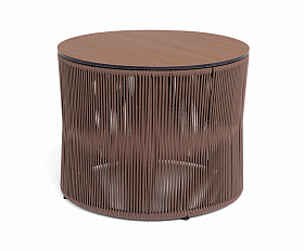 Авиньон журнальный стол из HPL круглый Ø70 H55, каркас из алюминия коричневый (RAL8016) муар, цвет дуб, роуп коричневый круглый