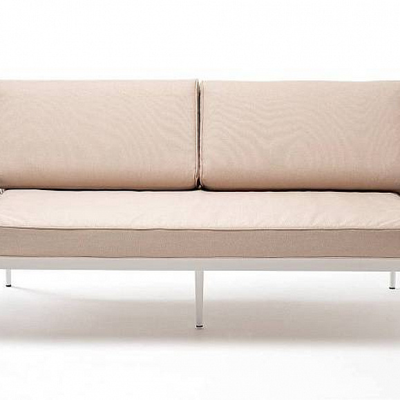 Диван Касабланка 4SIS 2-местный плетеный из роупа, каркас алюминий светло-серый (RAL7035) муар, роуп серо-коричневый 23мм, ткань бежевая 52 фото 2