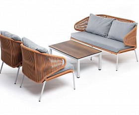 Лаунж-зона Милан 4SIS 4-местная плетеная из роупа (веревки), каркас алюминиевый светло-серый, роуп оранжевый меланж