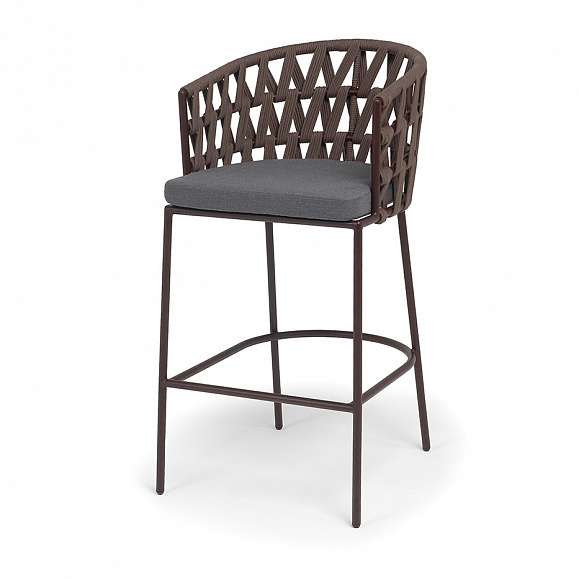 Диего стул барный плетеный из роупа, каркас из стали коричневый (RAL8016) муар, роуп коричневый круглый, ткань темно-серая 027 фото 1