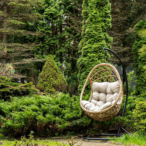 Венеция подвесное кресло-кокон из искусственного ротанга, цвет соломенный с бежевой подушкой фото 2