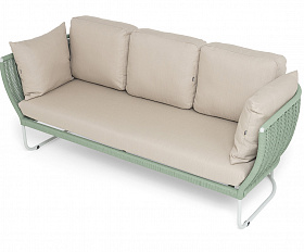 Фиджи диван 3-местный плетеный из роупа, каркас алюминий светло-серый (RAL7035) муар, роуп зеленый (4204) круглый tex, ткань Mossle бежевая