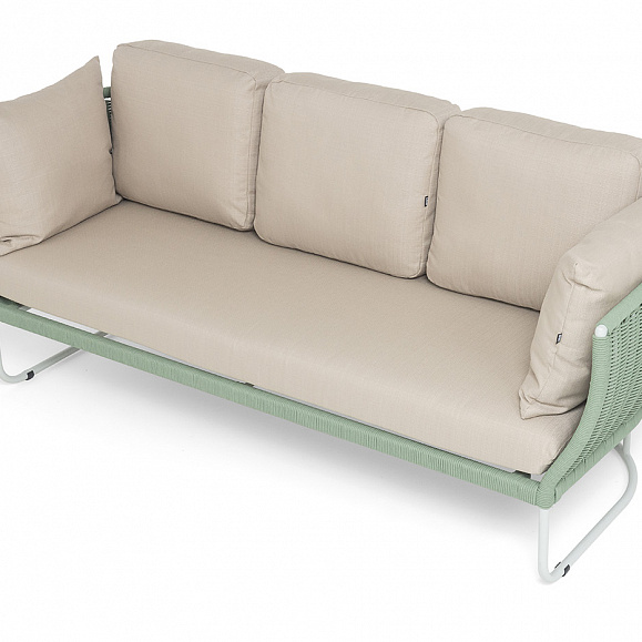 Фиджи диван 3-местный плетеный из роупа, каркас алюминий светло-серый (RAL7035) муар, роуп зеленый (4204) круглый tex, ткань Mossle бежевая фото 4