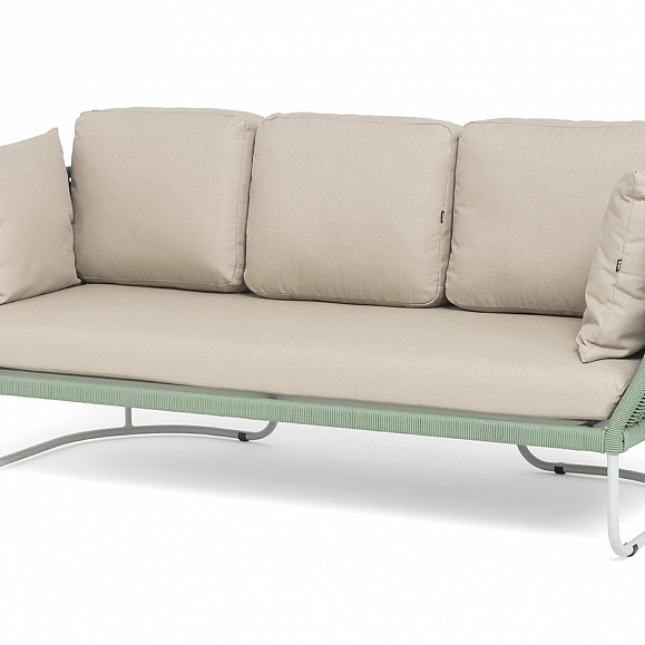 Фиджи диван 3-местный плетеный из роупа, каркас алюминий светло-серый (RAL7035) муар, роуп зеленый (4204) круглый tex, ткань Mossle бежевая фото 1