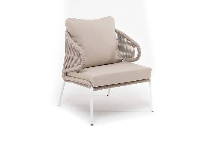 Кресло Милан 4SIS плетеное из роупа, каркас алюминий белый муар, роуп бежевый круглый, ткань бежевая 35 фото 2