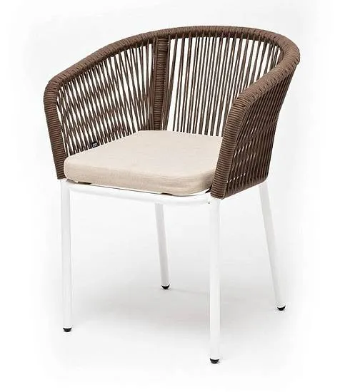 Стул Марсель 4SIS плетеный из роупа, каркас алюминий белый муар, роуп коричневый круглый, ткань бежевая 52 фото 1