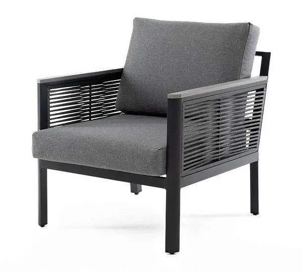 Кресло Сан Ремо 4SIS плетеное из роупа садовое, каркас алюминий темно-серый, роуп серый, ткань серая фото 1