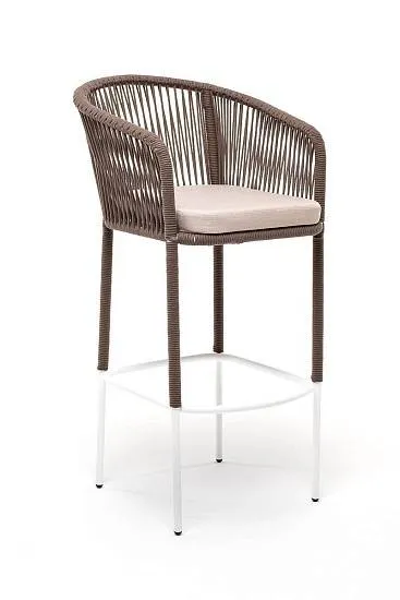 Стул Марсель 4SIS барный плетеный из роупа, каркас из стали белый муар, роуп коричневый круглый, ткань бежевая 52 фото 2