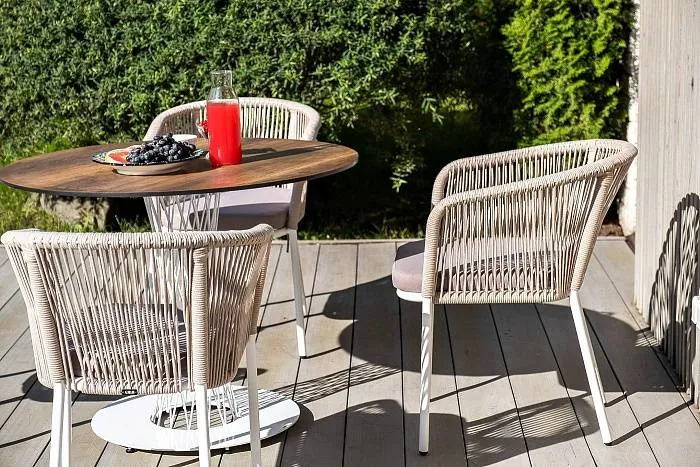 Стул Марсель 4SIS плетеный из роупа, каркас алюминий белый муар, роуп бежевый круглый, ткань бежевая 52 фото 2