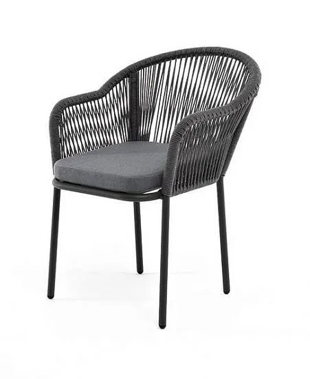 Стул Лион 4SIS плетеный из роупа, каркас алюминий серый (RAL7022) муар, роуп серый круглый, ткань серая 17 фото 1